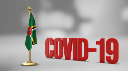 Dominica realistic 3D flag and Covid-19 illustration.