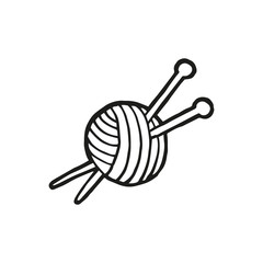 Hand drawn skein of wool and knitting needles. In doodle style, black outline isolated on a white background. Cute element for card, social media banner, sticker, print, design. Vector illustration