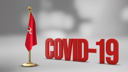Isle Of Man realistic 3D flag and Covid-19 illustration.