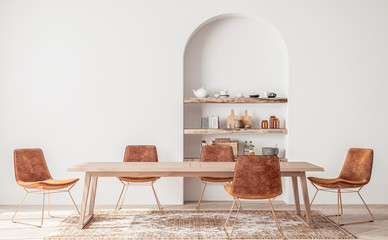 Interior design of modern dining room with orange furniture and wooden table, Scandinavian style - Powered by Adobe