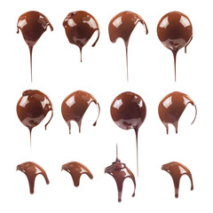 Liquid chocolate on the shape of a ball. Sweet dark chocolate drips. Melted chocolate coating....