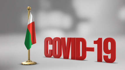 Madagascar realistic 3D flag and Covid-19 illustration.