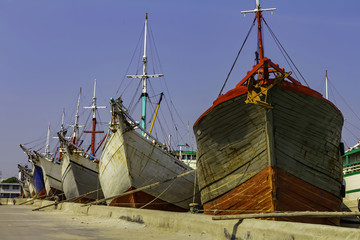 Fishing boats in Sunda Kelapa Port. Jakarta city, Java Island, Indonesia - 10/02/20