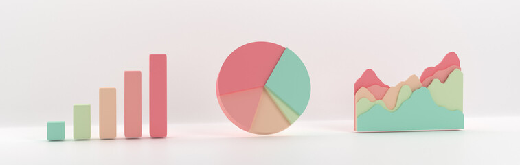 3D graph. Set of business bar, pie and ramp charts. Pastel palette