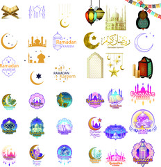 Obraz premium Set of emblems for Islamic holy Ramadan traditions. Ramadan greeting. Best badges set for your design. Easy for edit and use. Vector design set for Ramadan Kareem. 