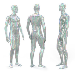 Male transparent multi-colored shiny glass, plastic mannequin. Man shaped soap bubble. Standing male invisible figure. Back and side view. 3d illustration isolated on a white background.