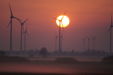 Windpark im Sonnenaufgang und Nebel