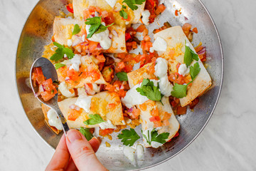 Mexican enchiladas topped with cheese, yoghurt sauce and coriander garnish. Vegetarian enchiladas made with lentils and red peppers. Mexican fast food. 