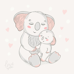 Koala. Animal family character. Vector illustration. Mom and baby. Happy mother day. Mom I love you.