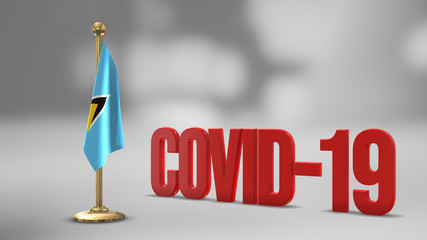 Saint Lucia realistic 3D flag and Covid-19 illustration.