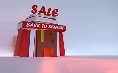 Books arranged in shape of house. Back to school. Sale. 3d render