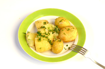 Boiled potatoe with dill isolated on white, food photo
