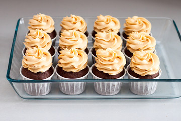 Ultimate chocolate dough cupcakes with peanut butter cream cheese frosting. Selective focus.