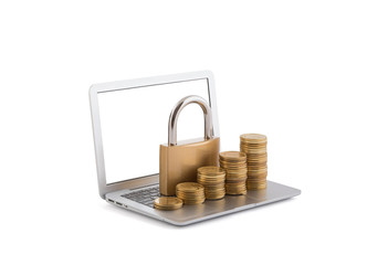 Rising coins with padlock on laptop isolated on white background with clipping path