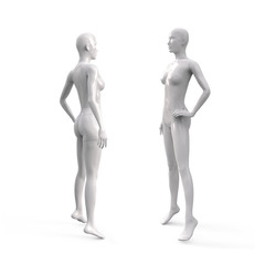 Female mannequin in white. Set from the side view. Plastic mannequin for clothes and shop window decoration. 3d illustration isolated on a white background.
