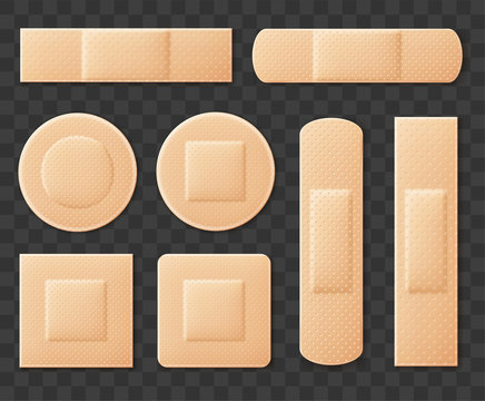 Set of different medical adhesive tape plasters. Realistic illustration isolated on transparent background. Vector Illustration.
