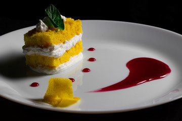 Orange cake with cream and pomegranate sauce
