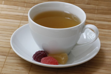 A Cup of tea and slices of marmalade on a saucer