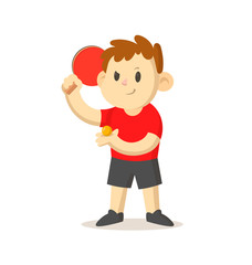 Young table tennis player with a racket standing. Sport and fitness. Colorful cartoon flat vector illustration. Isolated on white background.