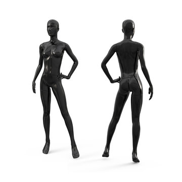 Black plastic female mannequin for clothes. Commercial equipment for shop windows. Front and back view. 3d illustration isolated on a white background.