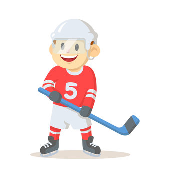 Smiling hockey player cartoon character. Colorful flat vector illustration, isolated on white background.