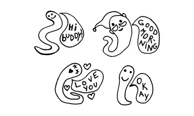 Illustration of a colorful earthworm expressing its thoughts. black white illustration
