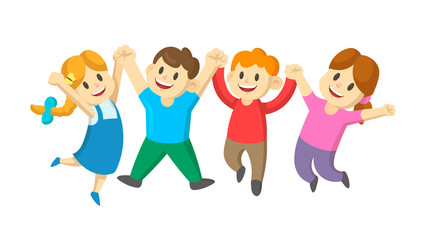 Four cute kids jumping for joy together. Childhood, playground, fun. Colorful cartoon flat vector illustration. Isolated on white background.