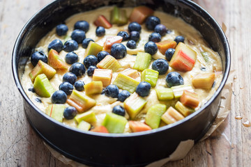 Orange batter cake with blueberry and rhubarb oven ready 