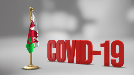 Wales realistic 3D flag and Covid-19 illustration.