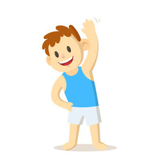Boy doing morning exercises, daily routine activities. Colorful flat vector illustration, isolated on white background.