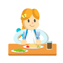 Smiling blonde girl having a breakfast, cartoon character. Colorful flat vector illustration, isolated on white background.