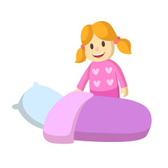 Cute smiling little girl going to bed to sleep. Colorful flat vector illustration, isolated on white background.