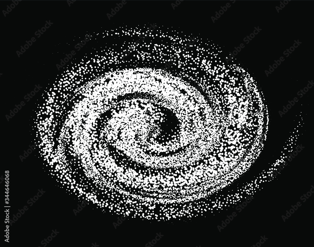 Poster Swirl and spiral made of dots and particles. Graphic vector illustration of black hole in spacetime of helix galaxy.