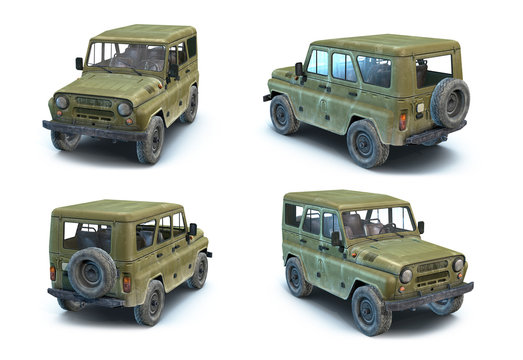 Set of 3d-renders of military SUV on white background