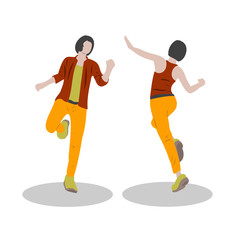 Young happy woman cartoon character dancing or jumping for joy, flat vector illustration isolated on white background.