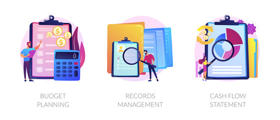 Money savings estimation, files organization system, financial report icons set. Budget planning, records management, cash flow statement metaphors. Vector isolated concept metaphor illustrations - obrazy, fototapety, plakaty