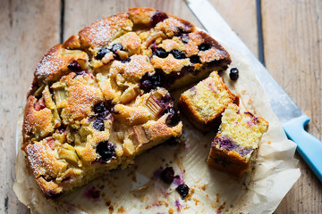 Orange cake with blueberries and rhubarb 