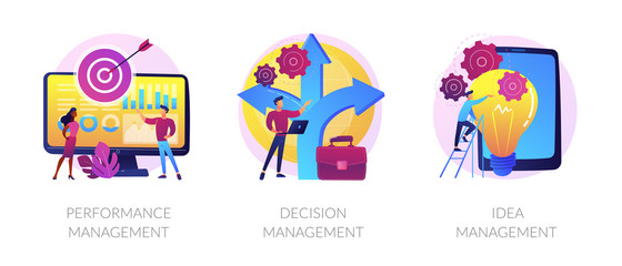 Workflow optimization, business direction choosing, startup launch icons set. Performance management, decision management, idea management metaphors. Vector isolated concept metaphor illustrations