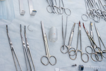 Sterile medical instrument close-up on the table before the operation. Medicine and surgery