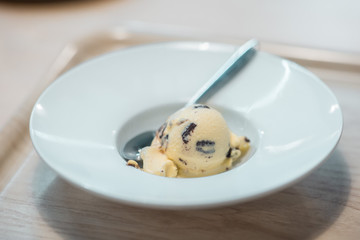 ice cream with chocolate pieces in a white plate