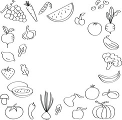 Fruits and vegetables drawn in doodle style, black outline coloring for children's art. Template for wallpaper or web design, vegetarian farming.