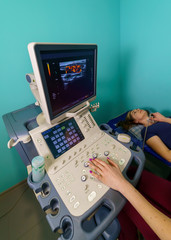 Ultrasound machine, ultrasonography. Medical equipment, healthcare concept. Selective focus