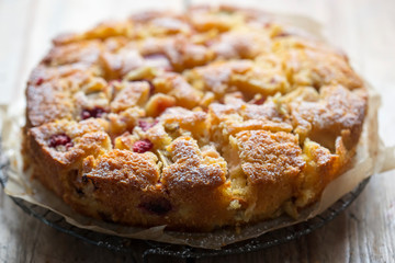 Orange cake with raspberries and rhubarb 