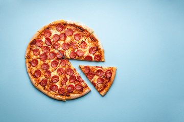 Pepperoni pizza sliced. Pizza slices flat lay