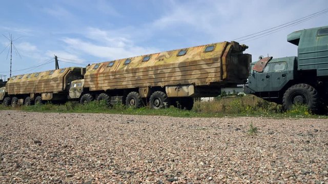 military truck for Soviet intercontinental missiles, military equipment at the old soviet base, Intercontinental Soviet rocket Satan in the museum, Missile defense systems, ready to launch an intercon