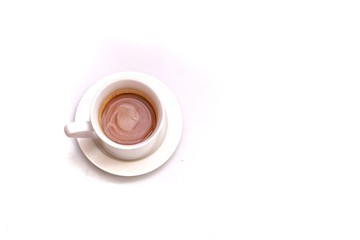 In selective focus a cup of hot coffee on white isolated background with copy space 