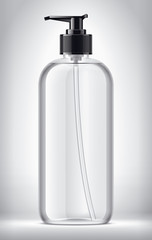 Bottle on background. Glossy surface, transparent, black cap version. 