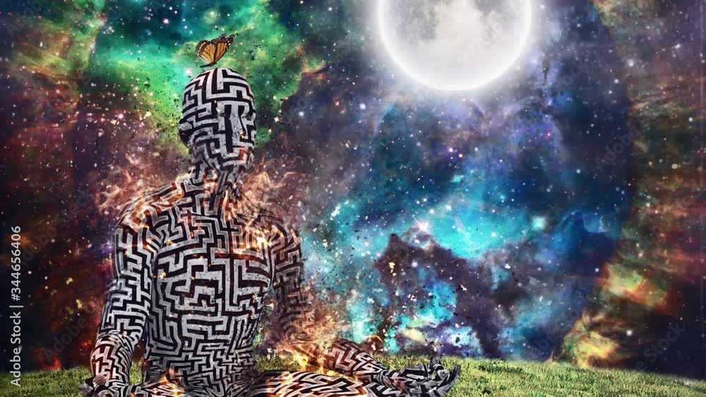 Poster surrealism. burning figure of man with maze pattern in lotus pose. vivid universe on background