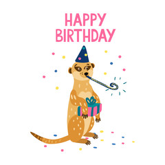 Happy Birthday. Lettering with an adorable meerkat blowing a party horn. He has a party hat and a gift box. Hand drawn vector illustration isolated on white background. Greeting card.