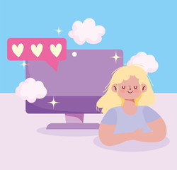 people communication and technology, young woman computer love romantic sms